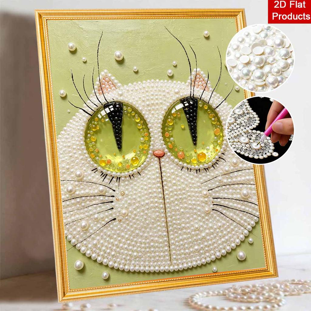 Creative DIY Framed Pearl Art Kit with Cute White Cat Pattern Sparkling Bead Canvas Ready to Display Relaxing Gift for Adults Craft Decor