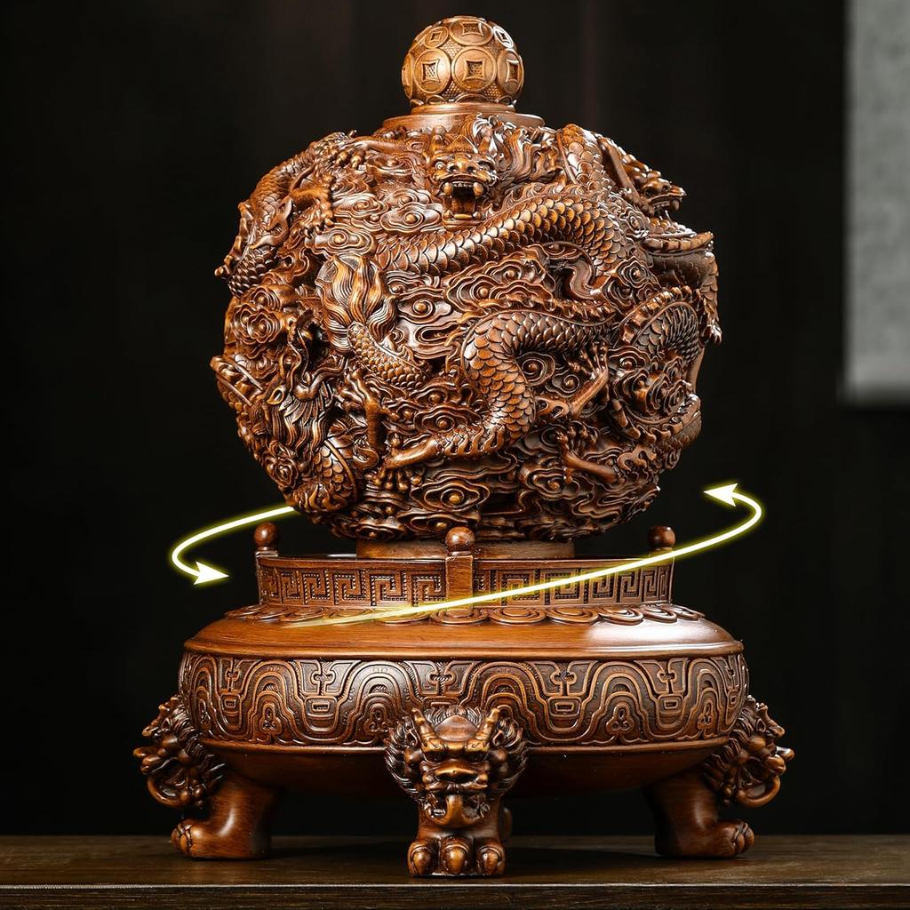 Aris & Juno 360° Rotating Nine Dragon Turn Qiankun, Feng Shui Resin Sculpture for Wealth & Protection, Lucky Charm for Home & Office Décor