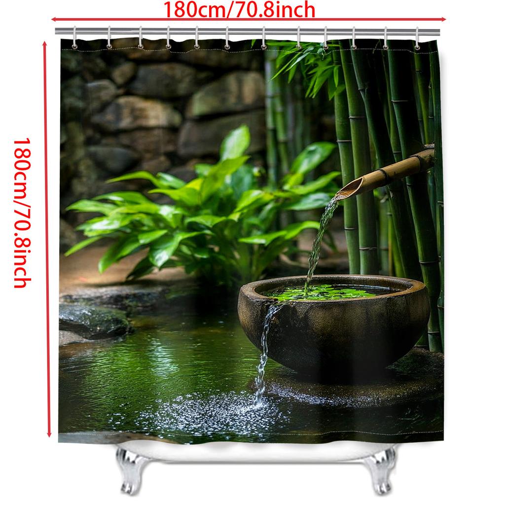 1/4pcs Bamboo Water Fountain Shower Curtain Set Zen Garden Nature Scenery Waterproof Fabric Bath Curtain with 12 Hooks Non Slip Rug and Toilet Cover