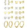 Bobisty Surgical Steel Flat Back Earrings for Women 14K Gold Plated Heart Flower Stud Earring Set Hoop Cartilage Earring Stack