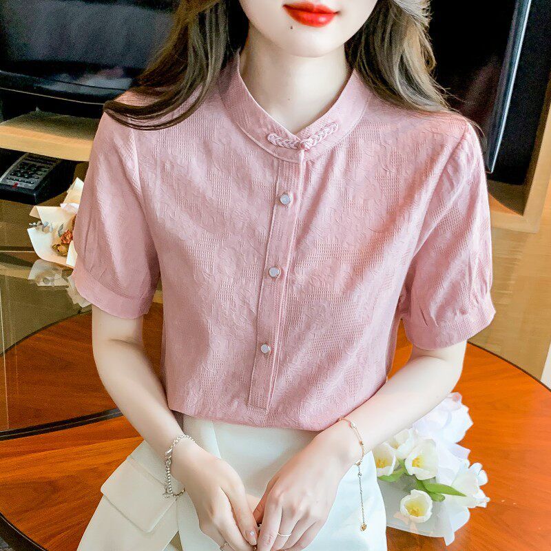 Chinese Style Stand-up Collar Frog Button Women's Shirt Summer 2025 New Arrival Loose All-Matching Top Thin Short Sleeve Cotton Shirt
