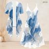 Women Plus Size Two Piece Set Blue Beige White Printed Short Sleeve Cardigan V Neck Strappy Flared Dress