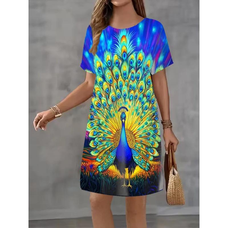 Summer Ladies 3D Printed Short Sleeve Dress Fashion Versatile Breathable Trend Casual