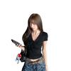 Short-sleeved t-shirt women's new summer short-sleeved slim-fit lace splicing beautiful V-neck small top