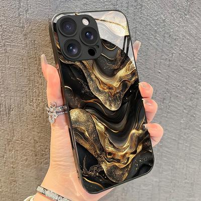Coque de téléphone en verre trempé avec motif de jointure de ligne dégradé doré pour iPhone 17 16 Pro Max 15 14 13 12 11 16E 7 8 Plus XR XS X Cover