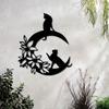 Metal Wall Art Black Cat Crescent Flower Silhouette Durable Indoor Outdoor Home Decor Gift for Cat Lovers