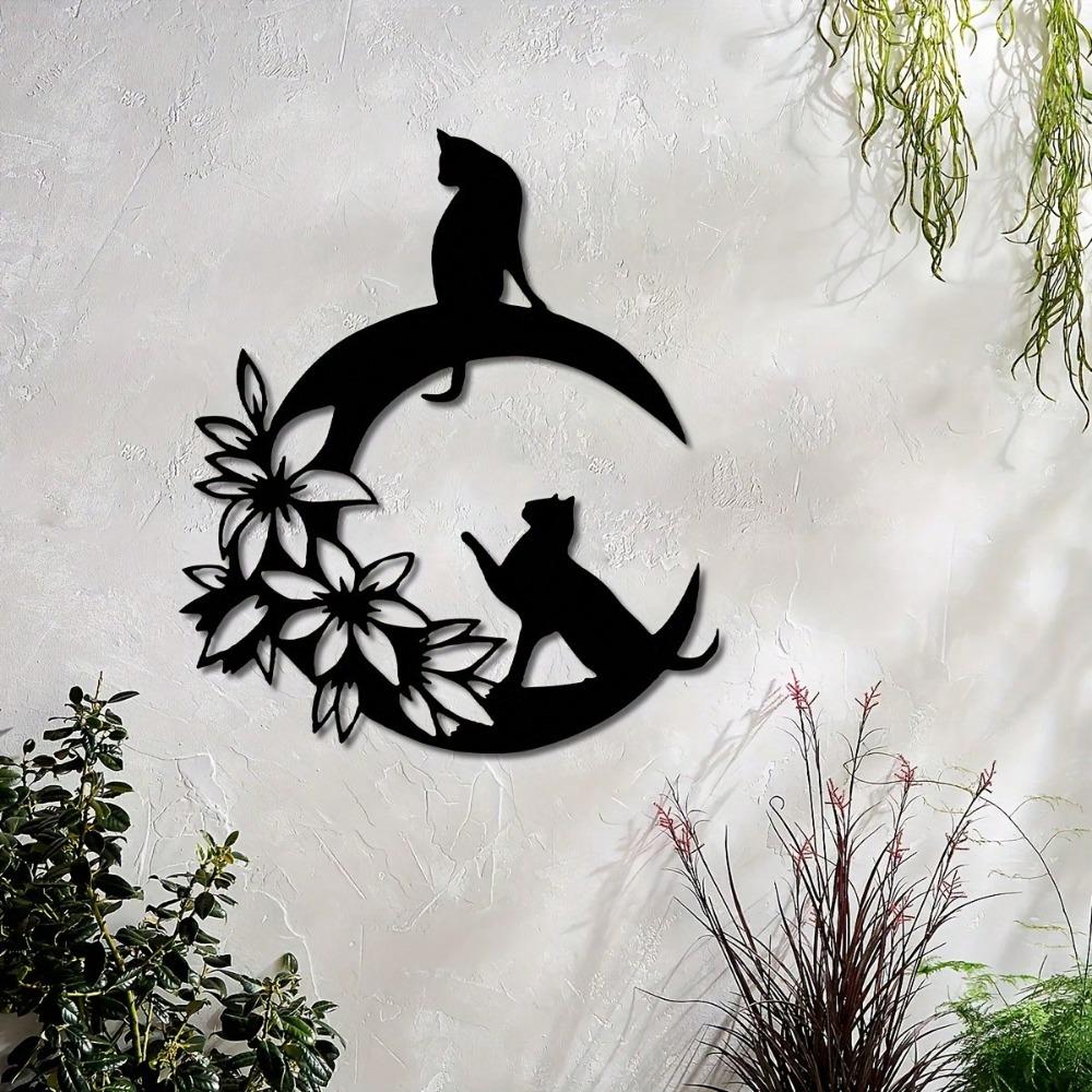 Metal Wall Art Black Cat Crescent Flower Silhouette Durable Indoor Outdoor Home Decor Gift for Cat Lovers