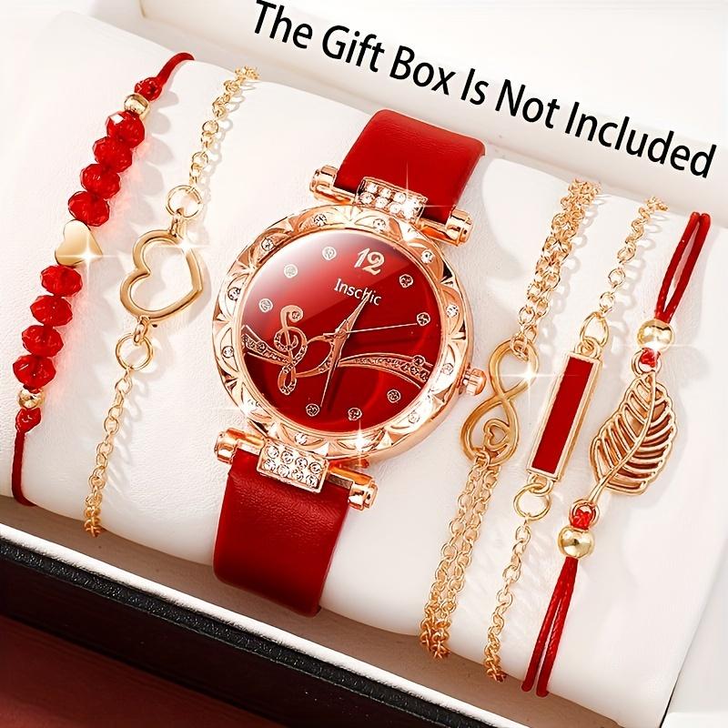 

6 шт. набор часов для женщин роскошные кожаные аналоговые женские кварцевые наручные часы модный браслет часы набор женский красный