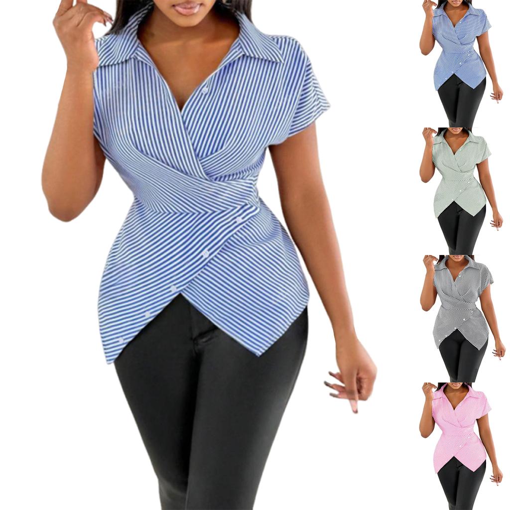 Women's Casual, Stylish, And Versatile Striped Short-sleeved Shirt