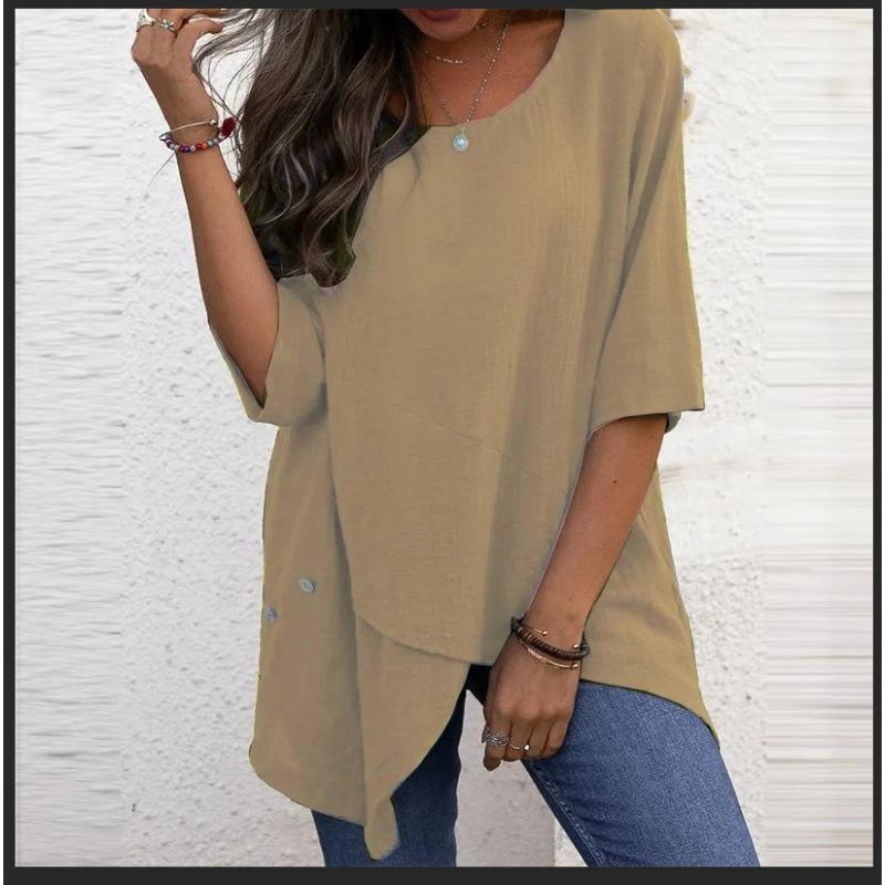 Women's Cotton Linen Round Neck Irregular Shirt Five-quarter Sleeve Tops Women’s