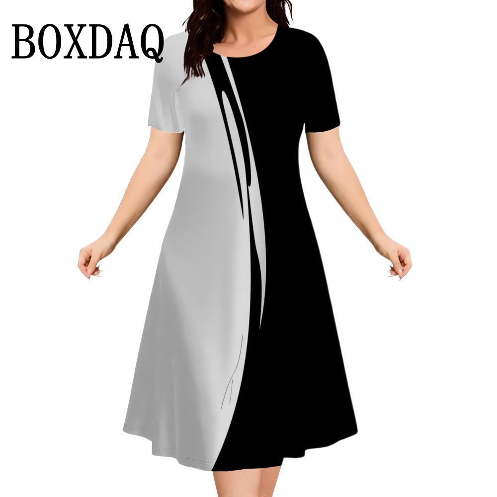 Summer Women Dress Fashion Plus Size Short Sleeve Dress Black White Contrast Color Loose A-Line DressClothing