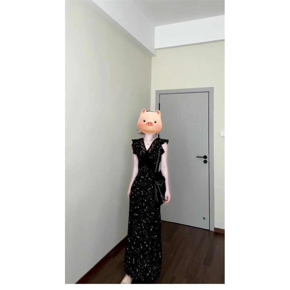 French Black Small Flying Sleeve Floral Dress Women's Casual Summer New Super Good-looking Lace Lace Waist Dress