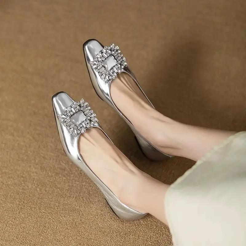 Women's Flat Shoes Slip-on Crystal Square Buckle With Crystals Ladies Footwear Toe Stylish Popular Quick Delivery Social Young