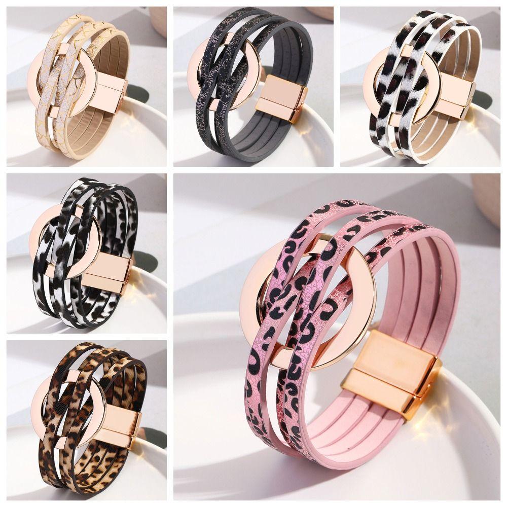 Wide Wrap Leopard Print Leather Bracelets Magnetic Snap Circle Cross Bracelet  for Women