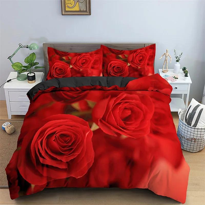 Floral Red Rose Romantic Flowers Valentine's Day Bedding Set Boys Girls Twin Queen Size Duvet Cover Pillowcase Bed Kids Adult