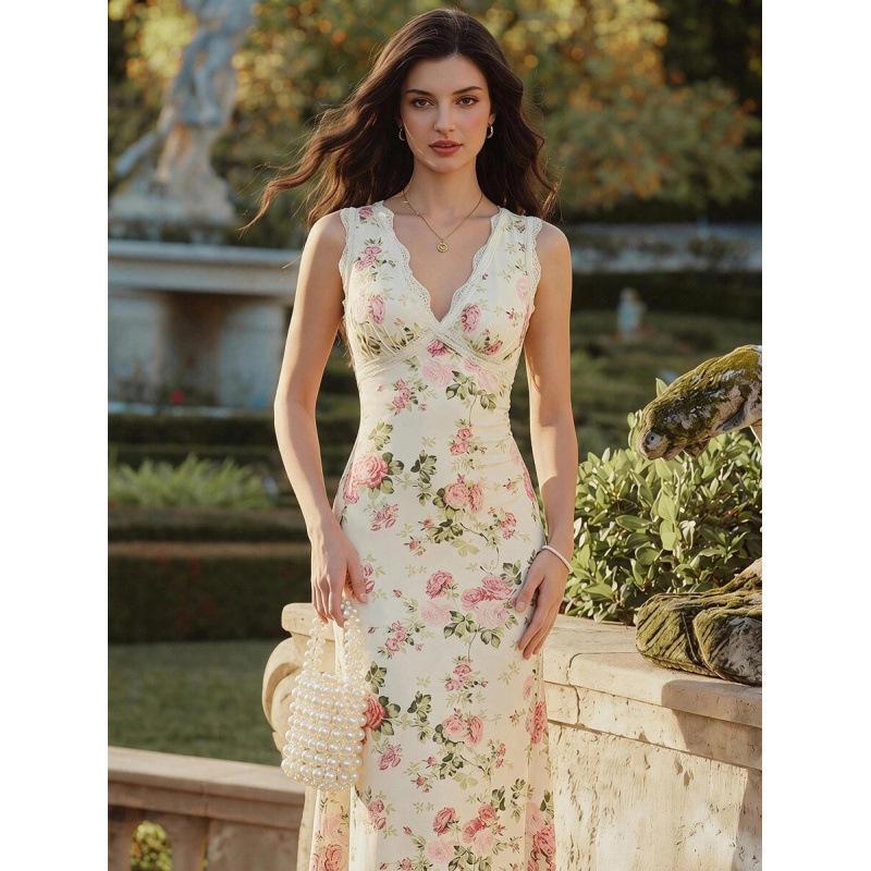 European summer retro elegant flower print floral lace splicing v-neck dress S