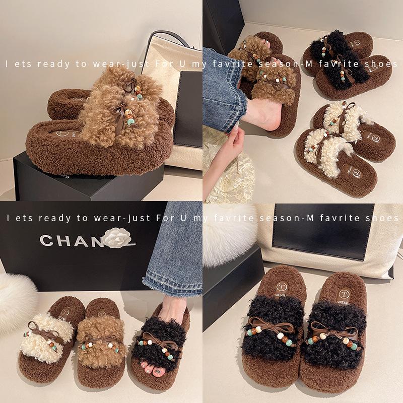 Retro thick-soled height-increasing fluffy slippers for women's outer wear 2025 new autumn and winter super-hot fluffy explosive cotton slippers