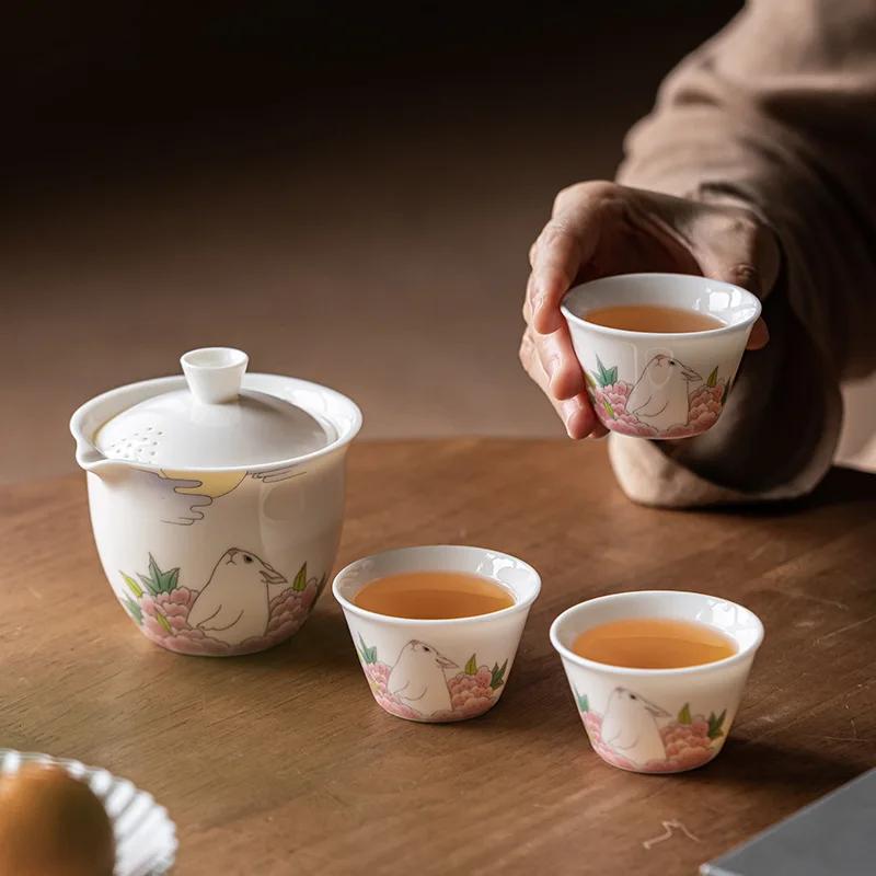 5PCS SET Cute Rabbit Travel Tea Set Portable Camping Outdoor Ceramic Tea Set 1 Pot 3 Cups