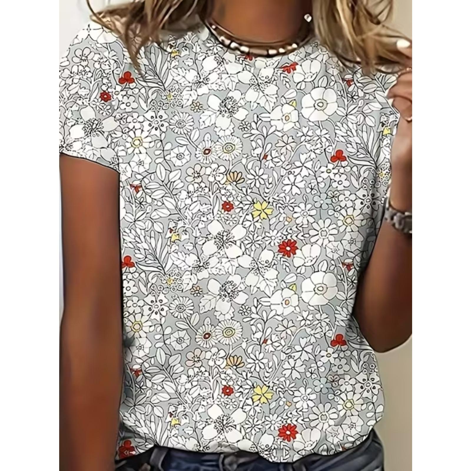 

Fashion Women Fragmented Flowers Print T Shirt Funny Casual O-neck Short Sleeves T-shirt Summer Female Tee Shirt 8XL сірий
