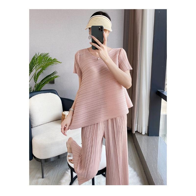 Wrinkle Casual Suit Women's Summer Irregular Top Loose Wide Leg Pants Two-piece Set