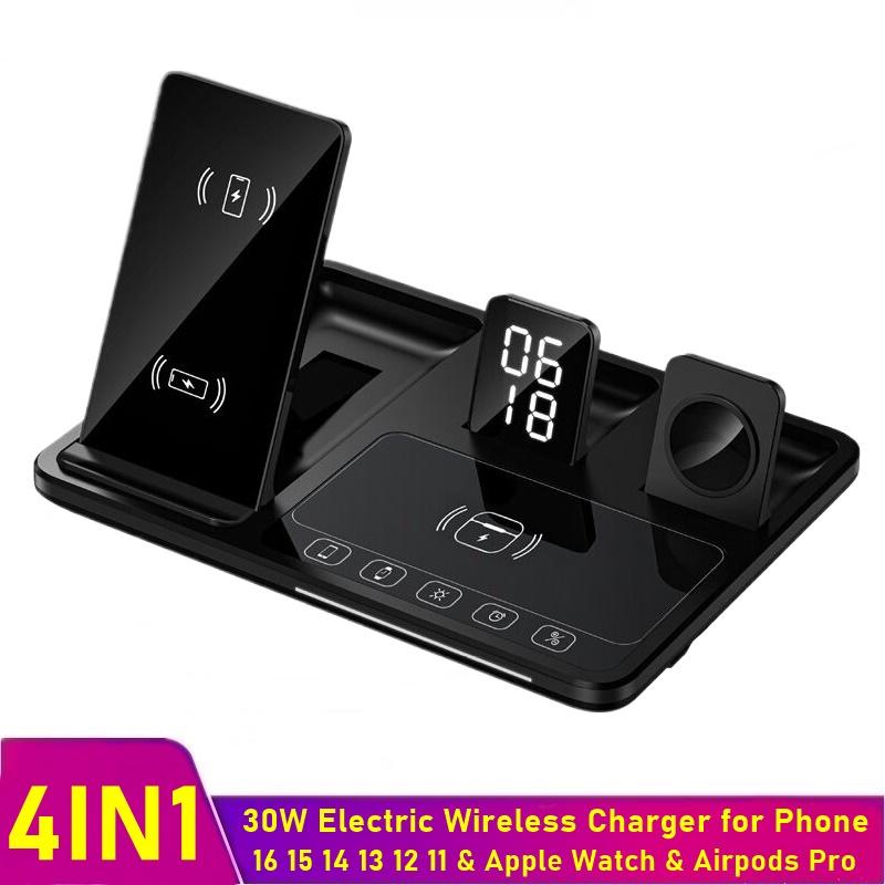 30W 4 IN 1 Wireless Charger Stand for Airpods Pro Apple Watch Touch Control Fast Charging Station for iPhone 16 15 14 13 12 11