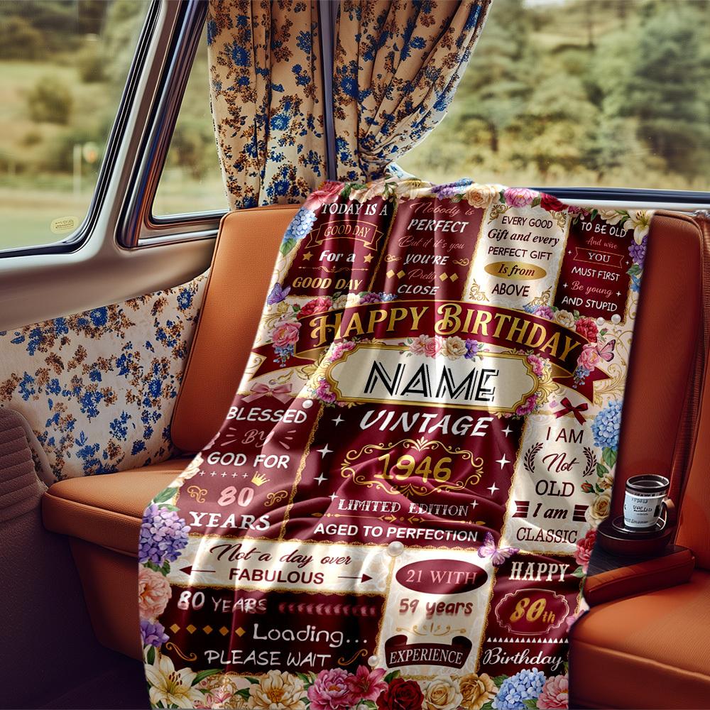 Vintage 80Th Birthday Celebration Blanket Personalized Name Soft Comfortable Stylish Blanket Car Blanket Perfect For Travel Camping Outdoor Home