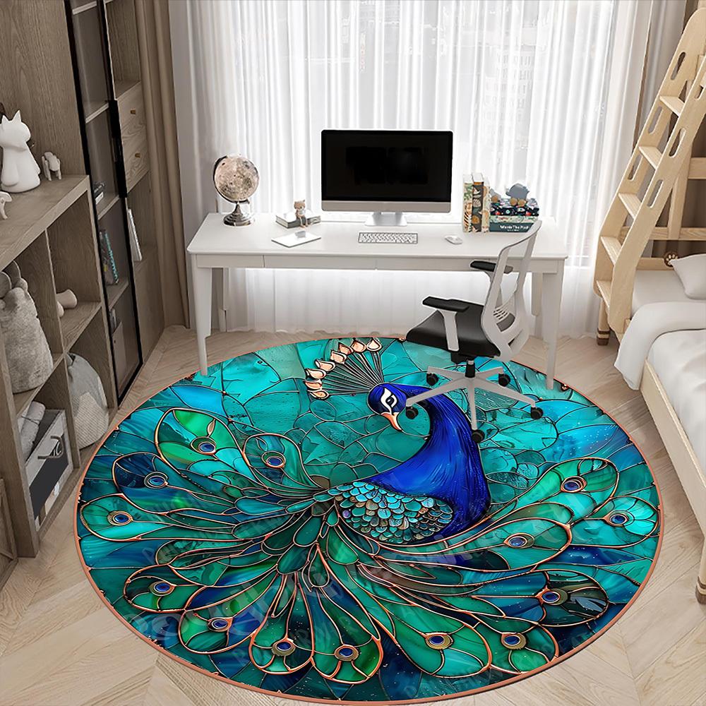 1pc Peacock Feather Office Round Area Rug, Under Office Chairs Bedroom Living Room Home Decor, Room Deco