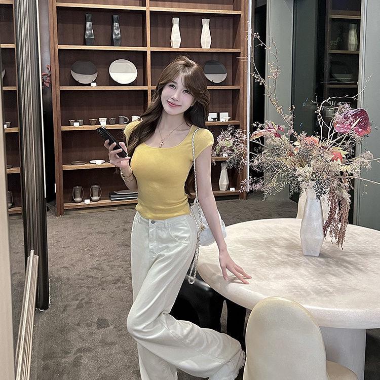 2025 Summer Women's Square Neck Short Sleeve Knit T-Shirt: Spicy Slimming Base Top