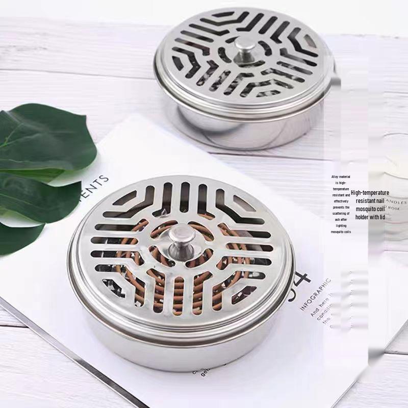 Stainless Steel Mosquito Coil Holder - Fireproof, Anti-Scald, Covered Incense Burner for Outdoor Use.