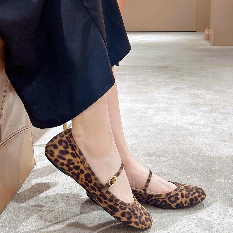 Leather retro light mouth round head one-word buckle with Mary Jane leopard print single shoes women's summer and autumn new ballet flats