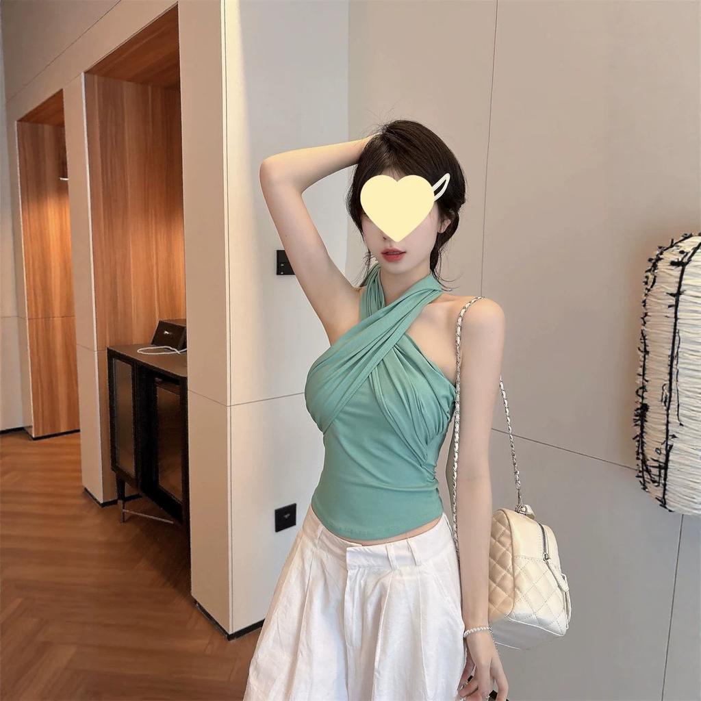 With chest pad, French temperament cross neck sling vest women's summer spice girl short slim-fit design top