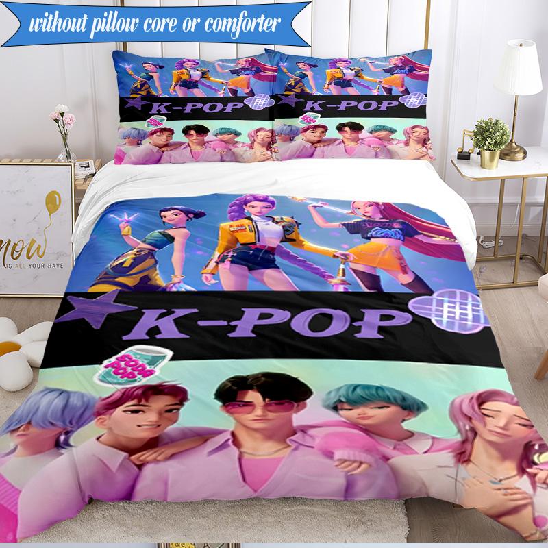 Colorful Kpop Cartoon 3pcs K-pop Music Group Bedding set,Ideal for Bedroom, Dormitory,Including Duvet Cover And 2pcs Pillowcases,Fan Gifts