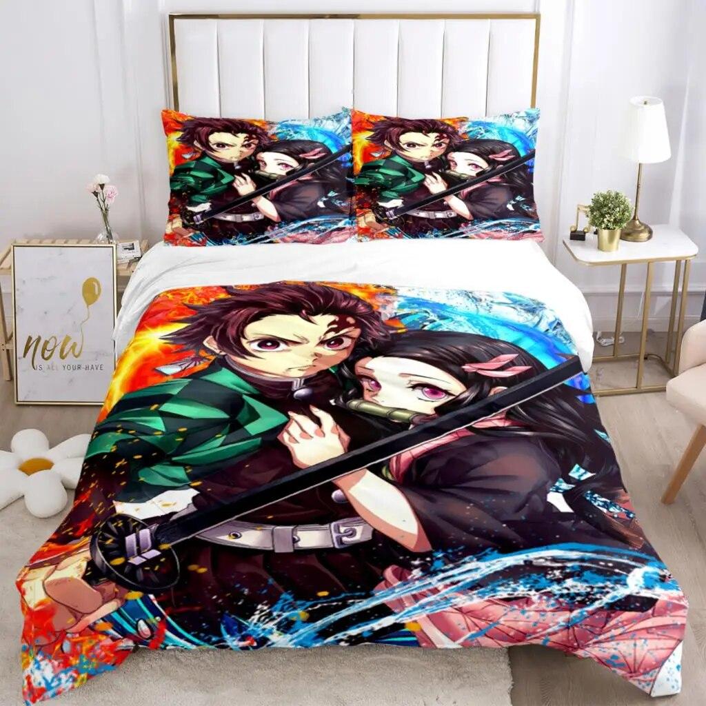 Demon Slayer Print Dreiteiliges Bettwäscheset Modeartikel Kinder oder Erwachsene für Betten Bettbezüge Kissenbezüge Bettwäscheset Geschenk