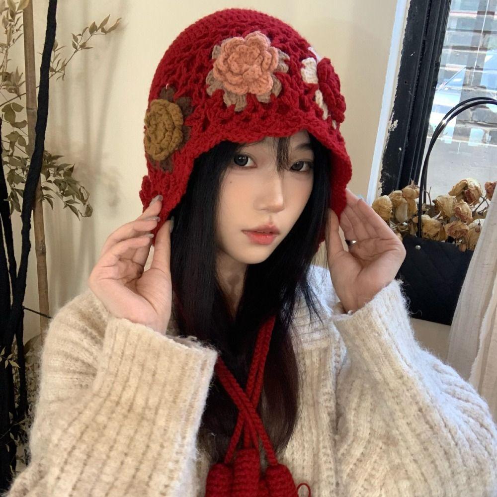 Hollow Out Tassel Beanies Bohemian Style Knit Cap Fashion Ethnic Style Hat  Girls