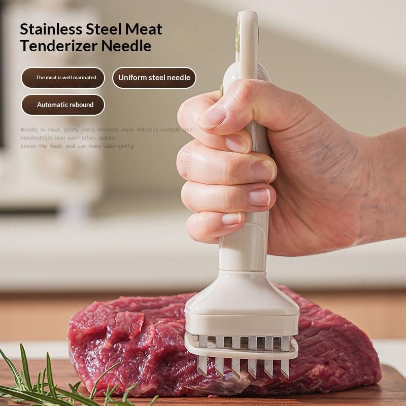 Stainless Steel Meat Tenderizer With Sharp Needles Automatic Rebound Handle For Kitchen Bbq Steak Prep