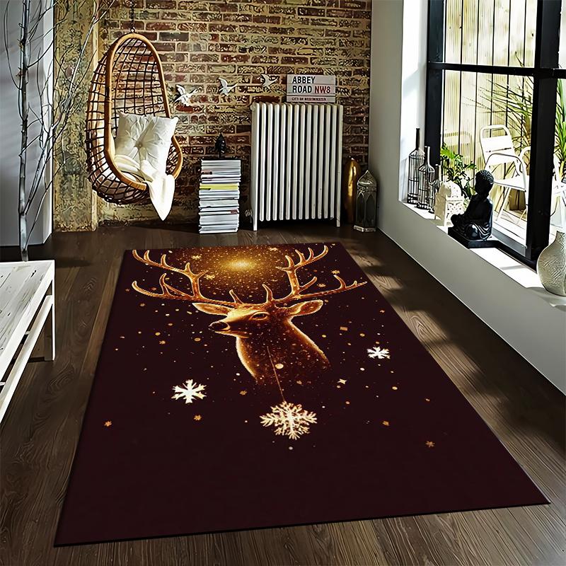 Christmas Reindeer Carpet with Snowflakes, Glitter Dark Brown Background Suitable for use as an anti-slip for living room bedroom sofas
