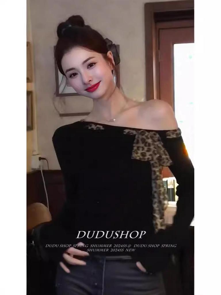 Women's New Retro Leopard One-Shoulder Slimming Long Sleeve T-Shirt
