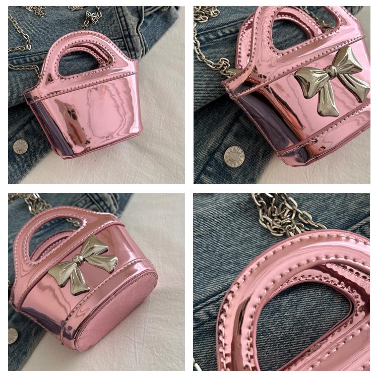 2024 Shiny Patent Leather Mini Basket Crossbody Bag with Laser Chain for Kids and Women