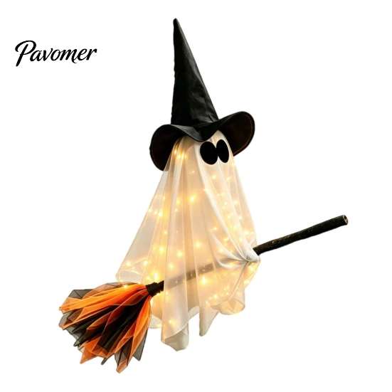 Creative Halloween Holiday Gifts Flying Ghost with Witch Broom, Large Lighted Hanging Decoration Waterproof Haunted House Supplies Hat for Lawn Patio