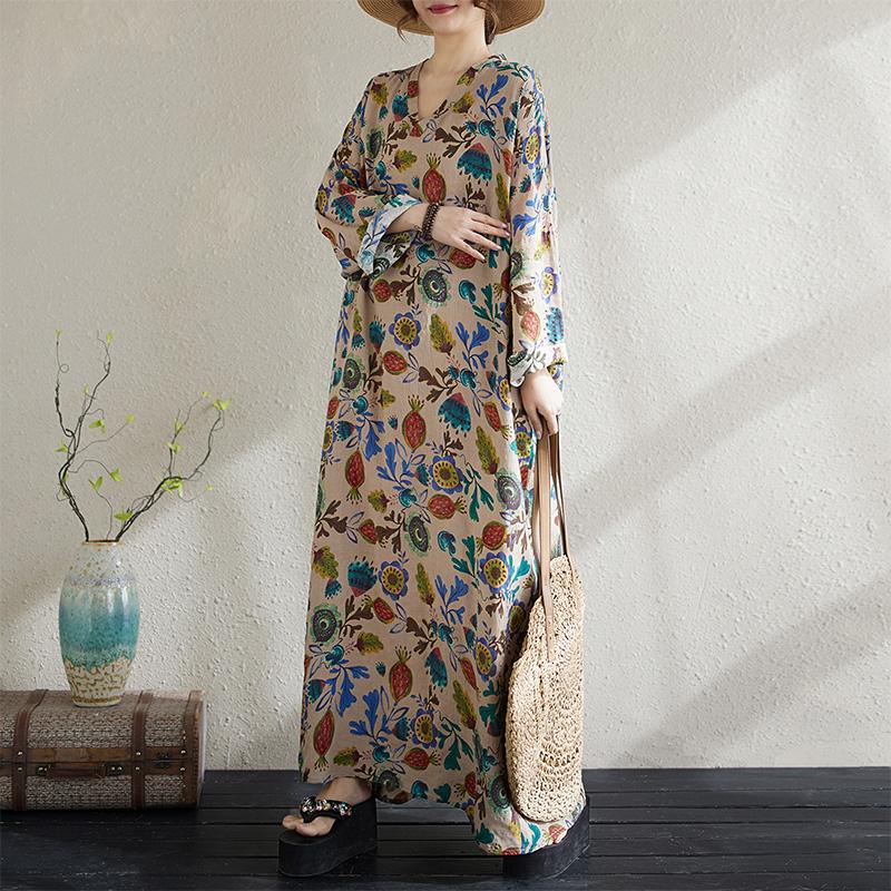 

Dimanaf 2025 Женское Весеннее Платье Большого Размера Винтажное Цветочное Свободное Базовое Элегантное Длинное Платье Хлопок Повседневное One Size бежевый