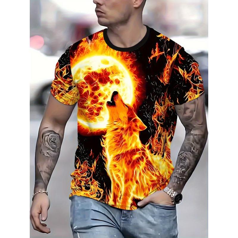 

Men s 3D Howling Wolf & Red Moon T-Shirt - Gradient Flame Print Streetwear Crewneck Short Sleeve, S