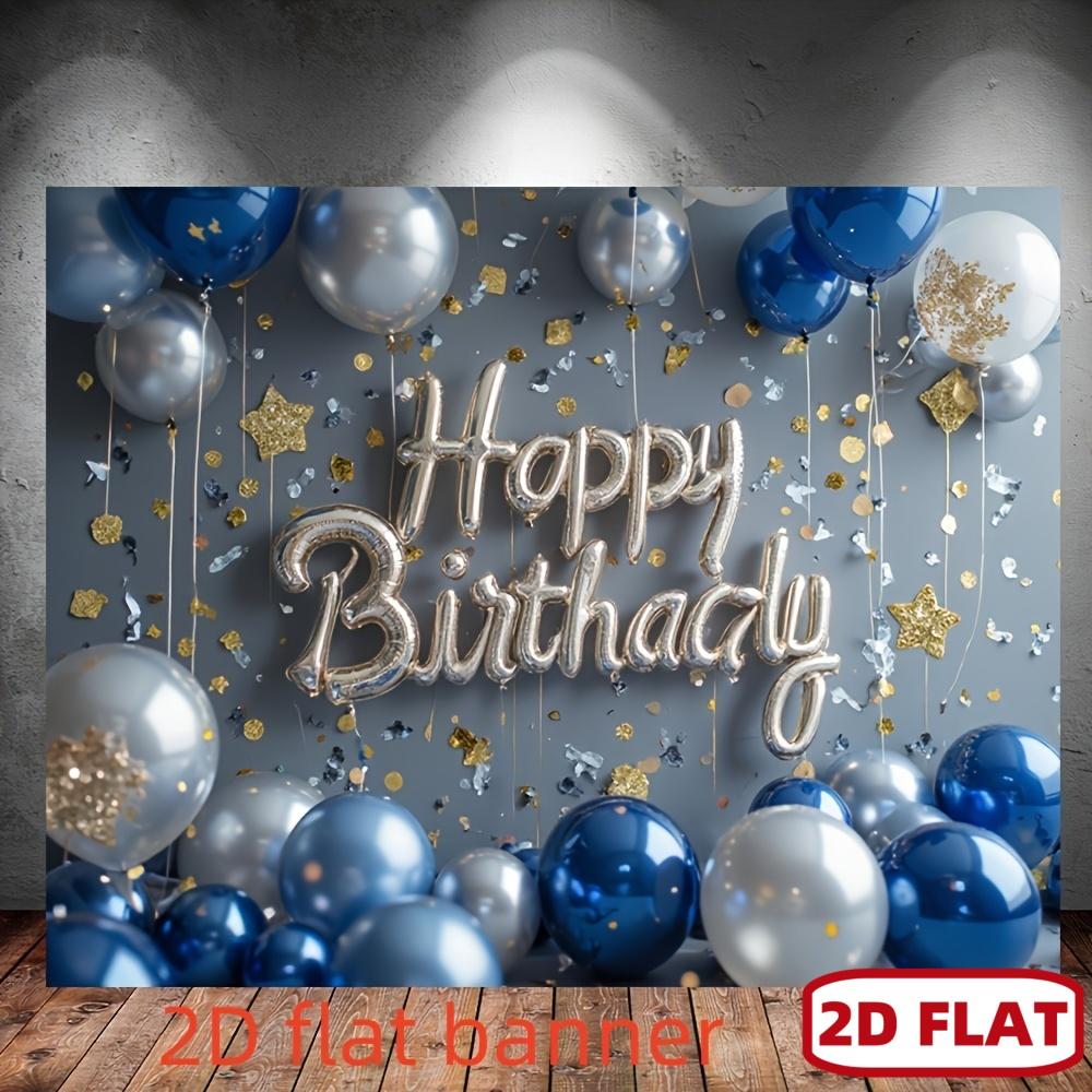 1 pezzo striscione di auguri di compleanno piatto 2D | Dorso per festa in fibra di poliestere blu e argento festa di compleanno
