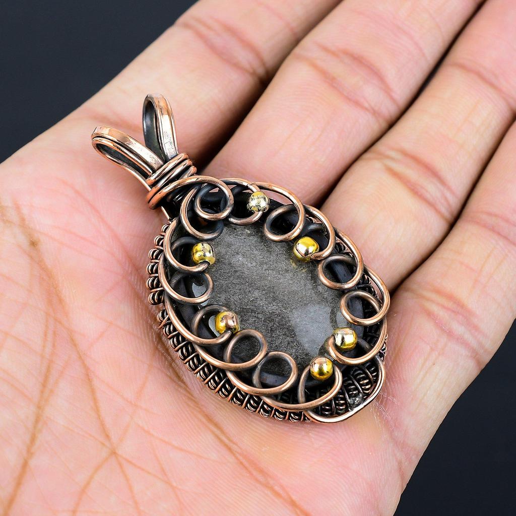 Silver Sheen Obsidian Gemstone Pure Copper Wire Wrapped Handmade Jewelry Pendant For Her