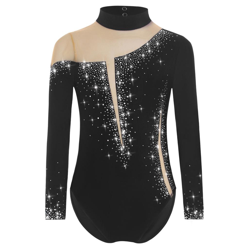 Dívčí třpytivé kamínky gymnastický dres dlouhý rukáv klíčová dírka na zádech průsvitná síťovina patchwork body pro krasobruslařskou soutěž