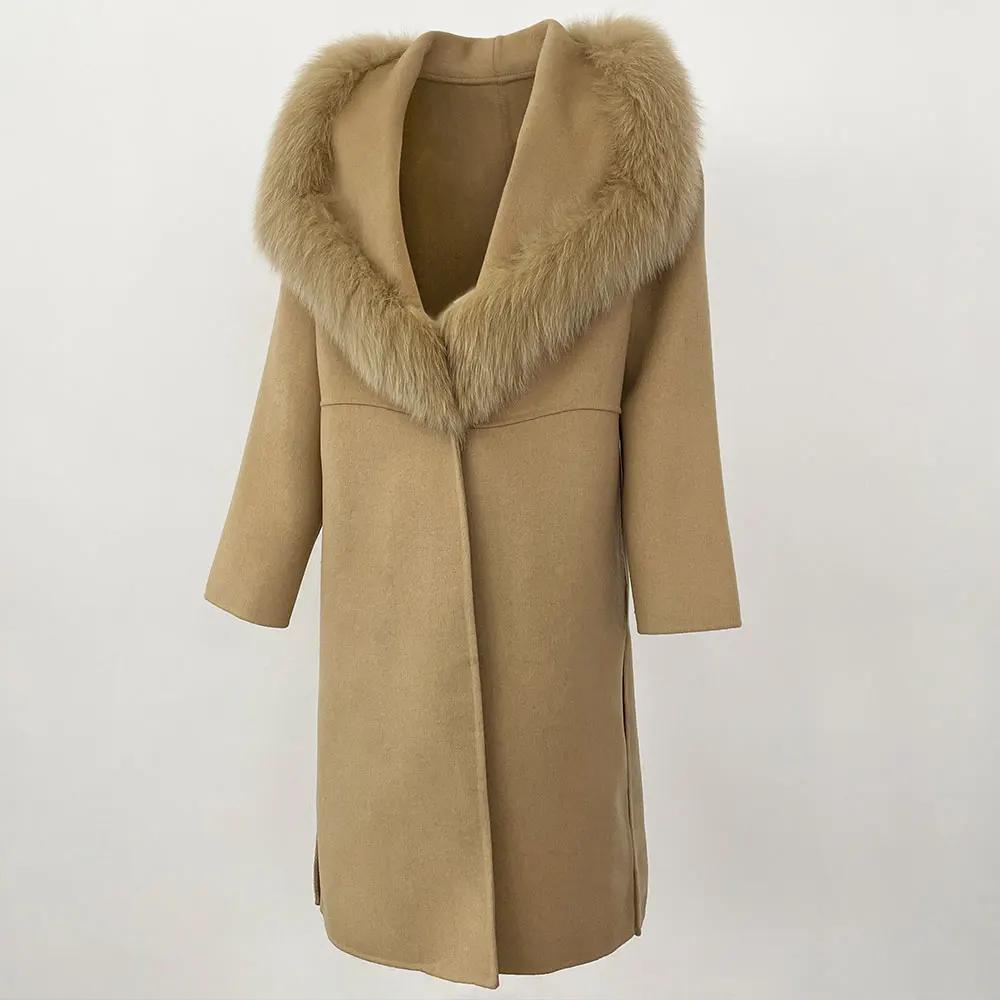 OFTBUY 2024 Autumn Winter Jacket Natural Real Fox Fur 100% Blends Wool Coat Women Loose Outerwear Casual Outerwear Streetwear