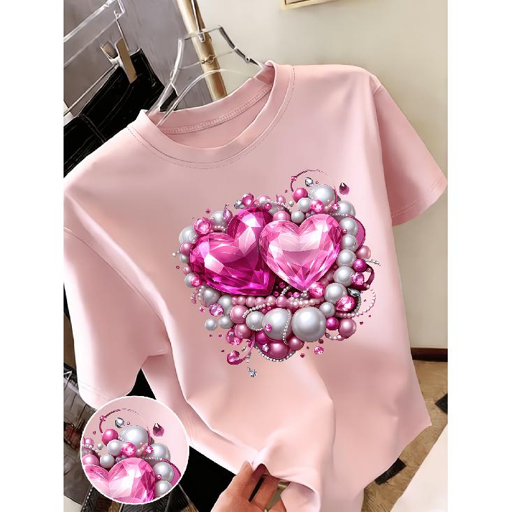 New Gentle Style Pearl Rhinestone Heart Print Short Sleeve Round Neck T Women s T shirt Suitable for casual outings in spring and summer Niche S розовый