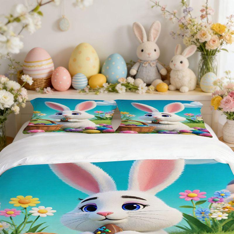 Easter Bedding Pillowcase Quilt Cover 3-Piece Set White Rabbit Holding Easter Egg Pattern,Easter Home Decoration