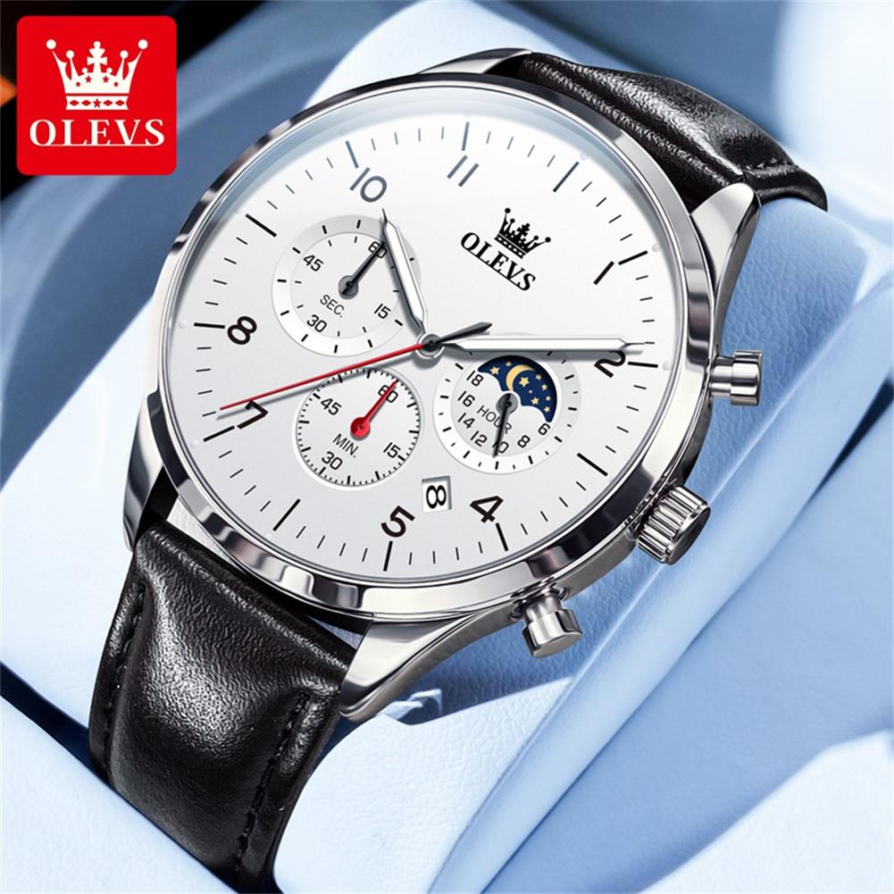 OLEVS Brand Fashion Moon Phase Quartz Watch for Men Leather Waterproof Luminous Calendar 24 Hours Multifunction Mens Watches