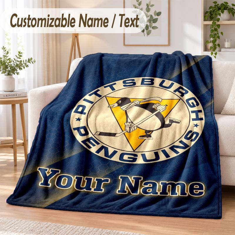 Custom Text Flannel Blanket Pittsburgh Penguins Print Warm Cozy Blanket Home Sofa Bedding