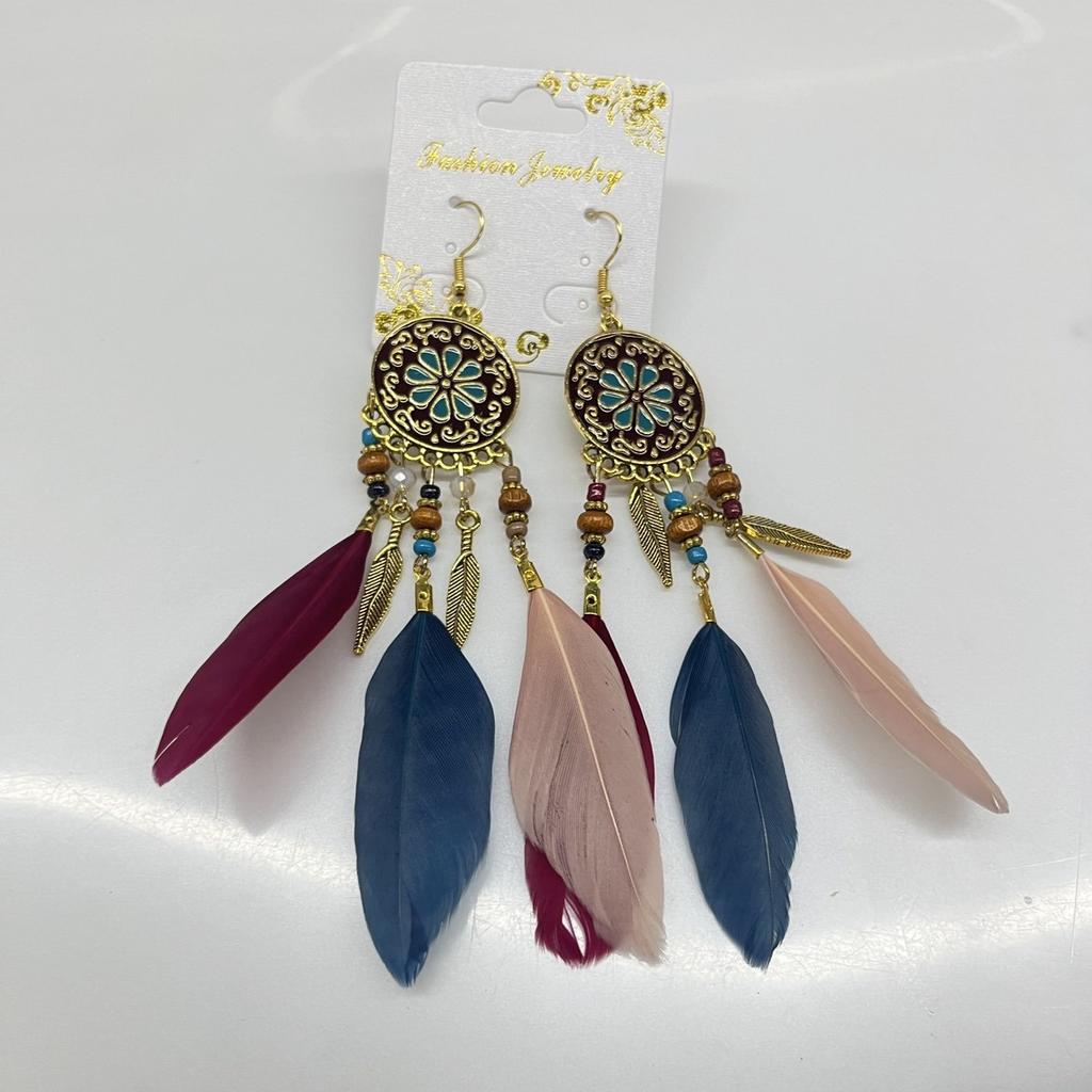 Retro Ethnic Style Feathers Long Ear Hooks Bohemian Vacation Style Earrings Earrings, Earrings, Personalized High-end Earrings Women